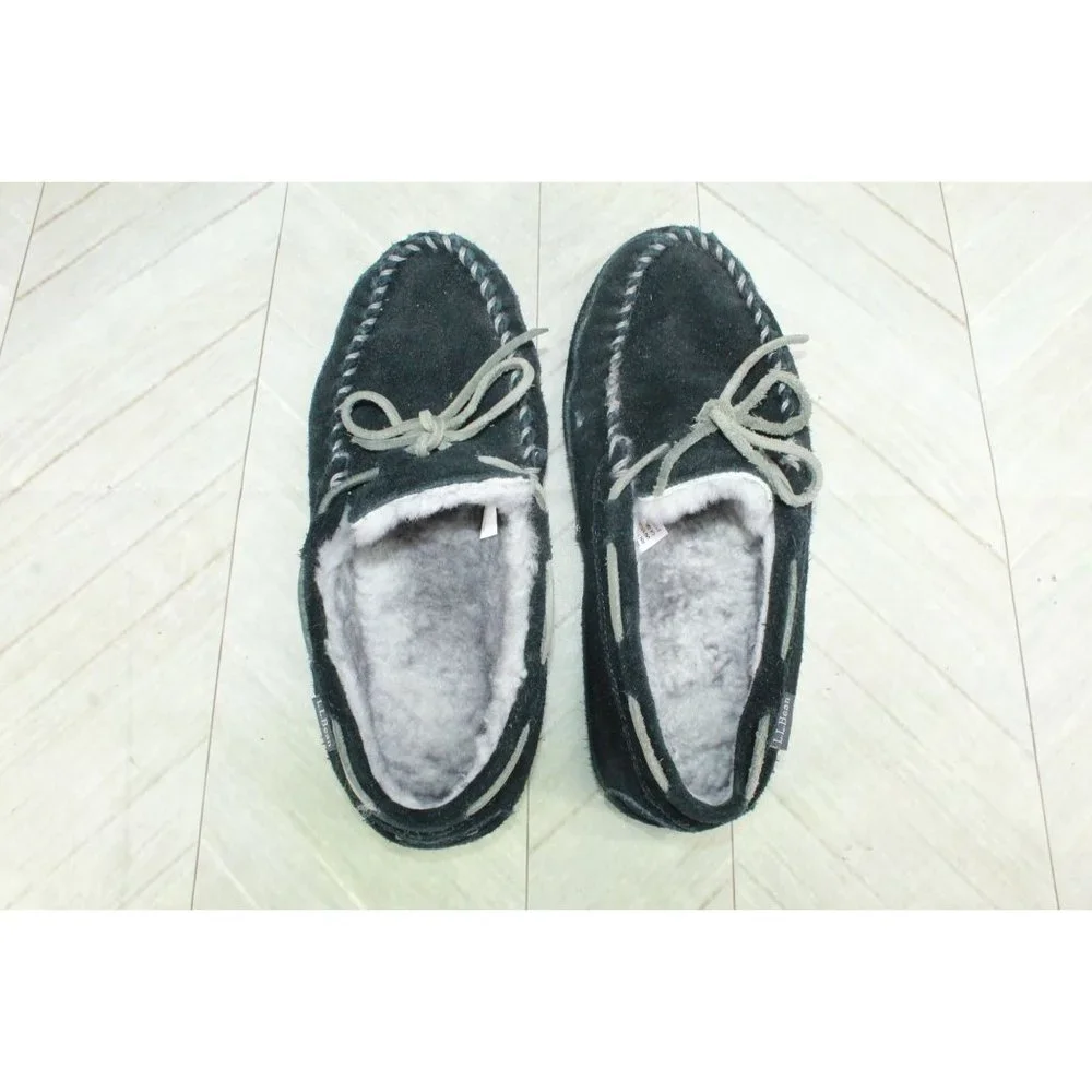 LL Bean Black Suede Shearling Lined Wicked Good Moccasins Slippers 9 M - Picture 6 of 8